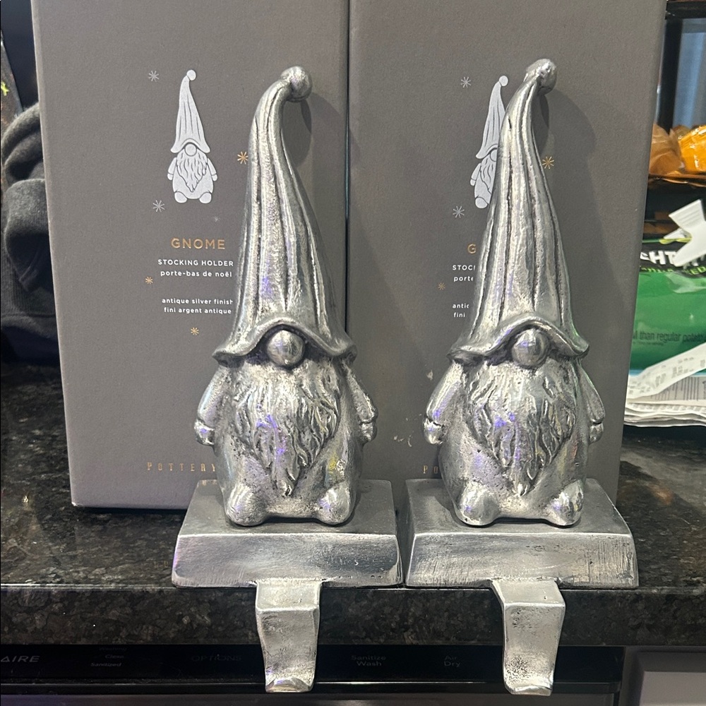 Pottery Barn Silver Gnome Stocking Holders (Pair)